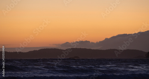 Waves on the Pacific Ocean on a rocky beach. West Coast. Sunny Summer Sunset.