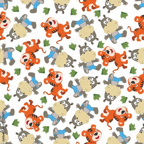 cute little hippo and tiger play around swamp. Design concept for kids textile print  nursery wallpaper  wrapping paper. Cute funny background.
