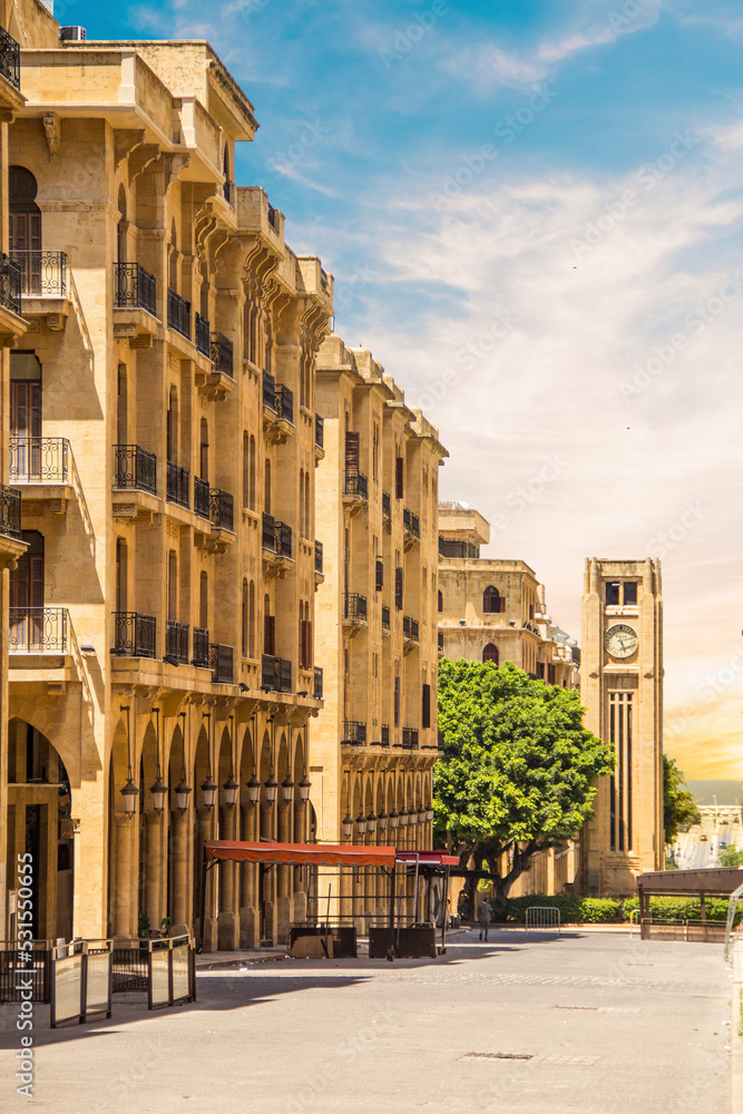 A view of the clock tower in Nejmeh Square in Beirut, Lebanon, some local architecture of downtown Beirut, Lebanon