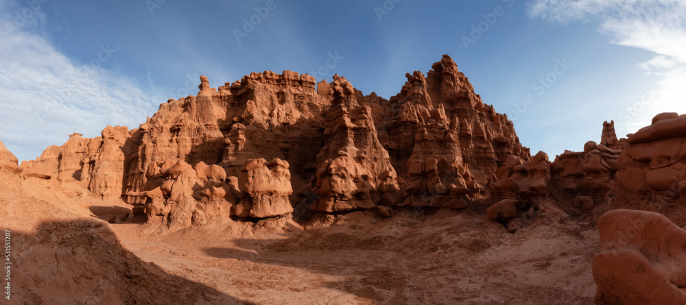 Red Rock Formations in Desert at Sunny Sunrise. Spring Season Red Rock Formations in Desert at Sunny Sunrise. Spring Season