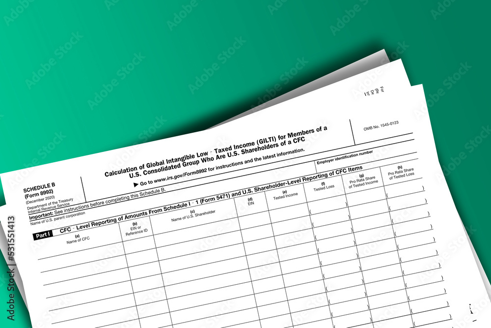 Form 8992 (Schedule B) documentation published IRS USA 11.24.2020. American tax document on colored Form 8992 (Schedule B) documentation published IRS USA 11.24.2020. American tax document on colored