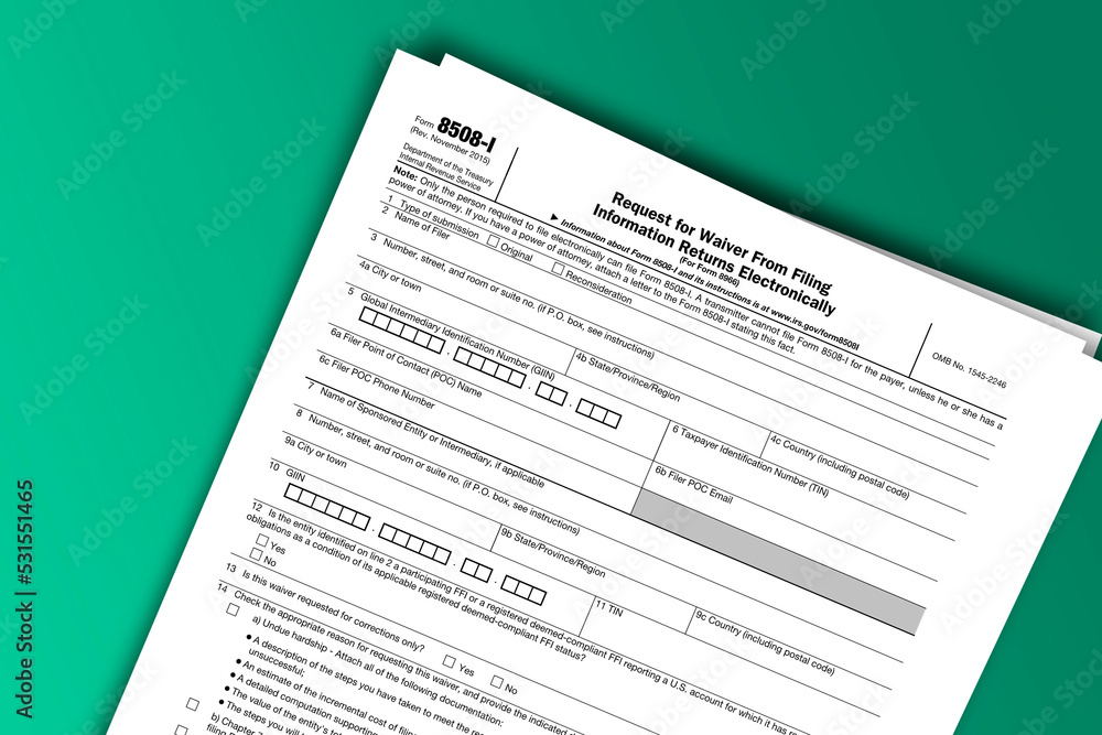 Form 8508-I documentation published IRS USA 03.31.2016. American tax document on colored Form 8508-I documentation published IRS USA 03.31.2016. American tax document on colored
