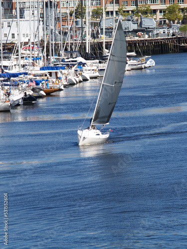 Sailboat Sailing Out Of Boston Massachusetts Harbor Sunny Day