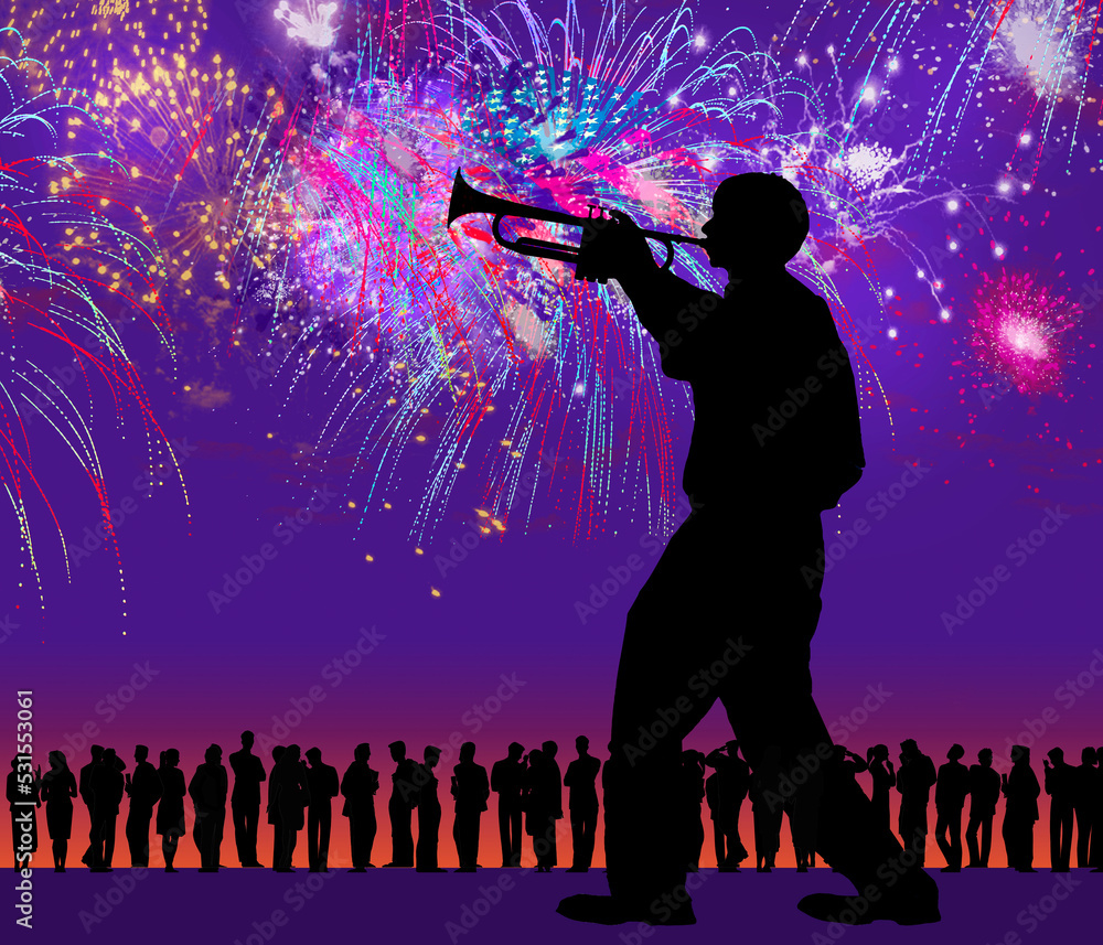 A trumpeter plays the National Anthem during a fireworks show at dusk in this colorful illustration.