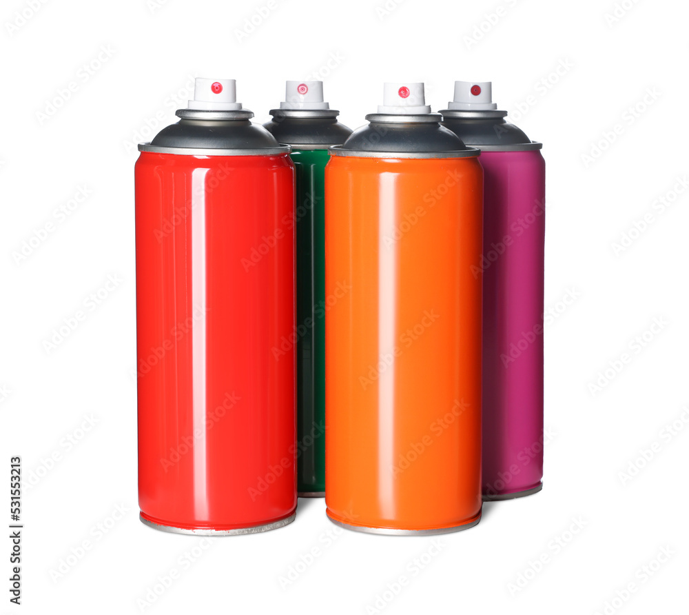 Colorful cans of spray paints on white background Colorful cans of spray paints on white background