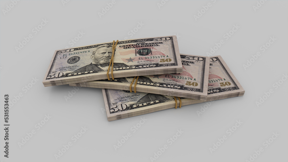 Finance concept with Three bundles of Fifty Dollar Bills. US Dollar Currency Background. Finance concept with Three bundles of Fifty Dollar Bills. US Dollar Currency Background.
