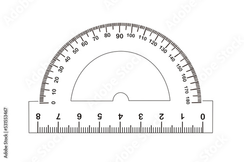 Protractor with measuring length and degrees markings on white background. Illustration