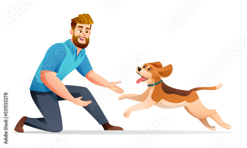 Man playing with his beloved dog cartoon illustration