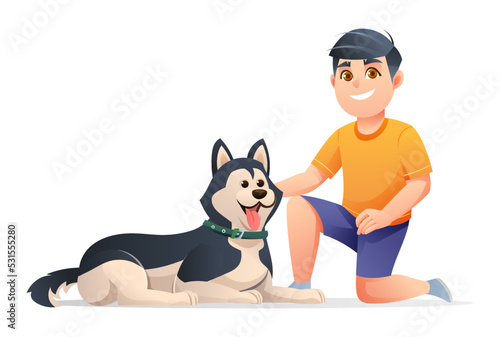 Boy with his husky dog cartoon character illustration