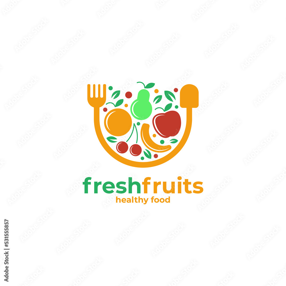 Healthy Organic eco vegetarian food Logo vector design template, Ecology fresh from farm fruits Logotype concept icon