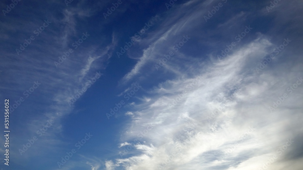 早朝の夏の青空を覆う筋状の雲