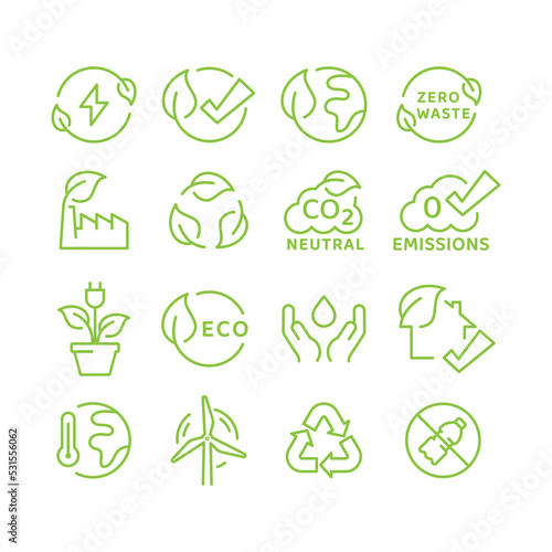 Green sustainable energy icons. Wind turbine, eco friendly building, recycled, renewable resources outlined vector icon set.
