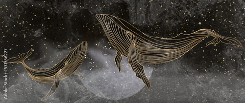 Dark watercolor art background with whales in golden line style. Animal hand drawn ink banner for decor, print, wallpaper, textile, packaging, decor, fabric.