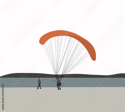 Parachute on the ground. Skydiving during flight and landing with an unfolded parachute.. Extreme sport and entertainment.