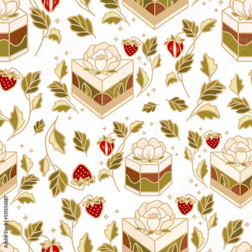 Hand drawn sweet strawberry cake and pastry vector seamless pattern illustration with leaf branch and peony floral elements