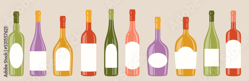 Alcohol beverages bottle different shapes and empty label set. Various types mockup bottles red, white, sparkling wine champagne liquor. Celebration advertisement blank sticker vintage design