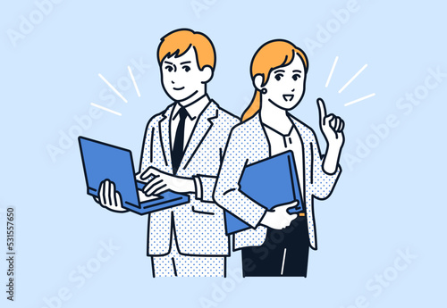 働く2人のビジネスパーソンのシンプルなベクターイラスト素材