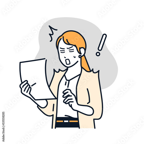 書類を見て驚くスーツの女性のシンプルなベクターイラスト素材