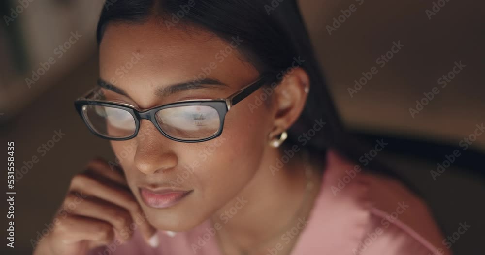 Web design India woman with glasses working at night on .computer website, creative office strategy and online documents. Corporate graphic designer girl of startup company search on pc business news Web design India woman with glasses working at night on .computer website, creative office strategy and online documents. Corporate graphic designer girl of startup company search on pc business news