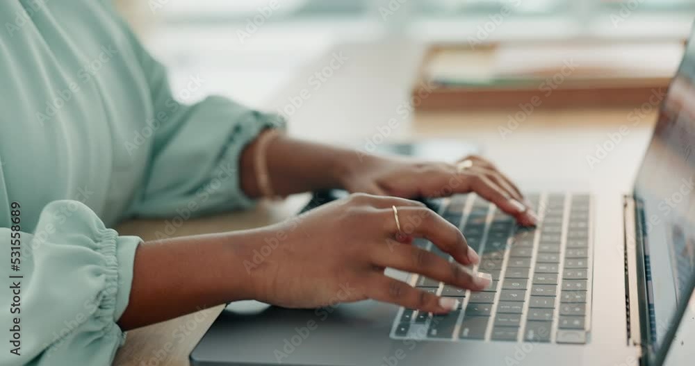 Laptop, feedback and hands typing and business marketing and advertising report at her office desk. Business woman, employee or manager working on a finance email proposal with a keyboard online Laptop, feedback and hands typing and business marketing and advertising report at her office desk. Business woman, employee or manager working on a finance email proposal with a keyboard online