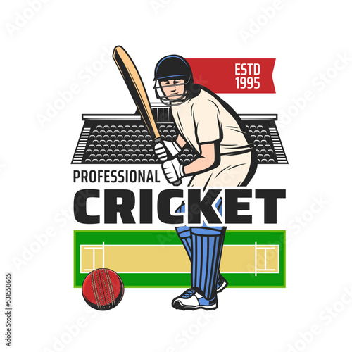 Cricket sport vector icon with batsman player, bat and ball, safety helmet, gloves and leg pads, pitch play field and sporting stadium grandstand seats. Cricket championship match or sport club