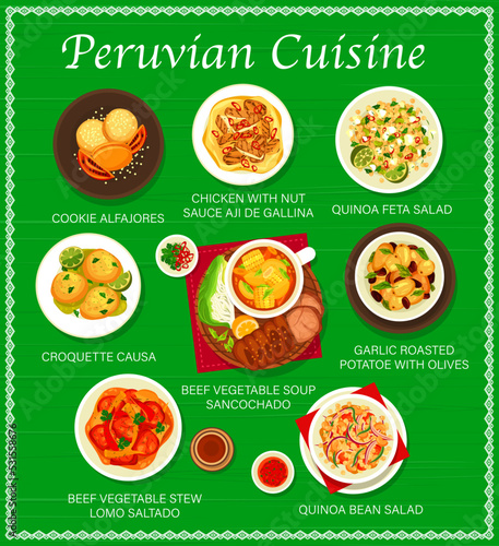 Peruvian cuisine restaurant menu. Chicken with sauce Aji de Gallina, Lomo Saltado and soup Sancochado, quinoa bean and quinoa feta salad and Causa croquettes, potatoes with olives, cookie Alfajores