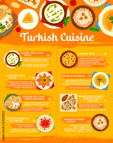 Turkish cuisine menu, Turkey food dishes and traditional lunch, vector restaurant meals. Turkish gourmet food menu for iskeneder kebab on pita bread, chicken pilaf rice and lamb meatball kofte