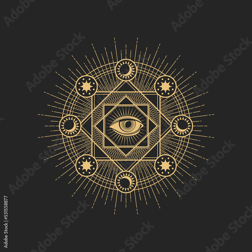 Esoteric occult symbol vector Eye of Providence inside of circle with star, sun, moon around. Spiritual mason sign or tarot cards symbol, isolated amulet, tattoo