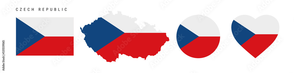Czech Republic flag icon set. Czechia pennant in official colors and proportions. Rectangular, map-shaped, circle and heart-shaped. Flat vector illustration isolated on white. Czech Republic flag icon set. Czechia pennant in official colors and proportions. Rectangular, map-shaped, circle and heart-shaped. Flat vector illustration isolated on white.