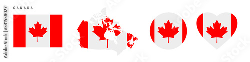 Canada flag icon set. Canadian pennant in official colors and proportions. Rectangular, map-shaped, circle and heart-shaped. Flat vector illustration isolated on white.