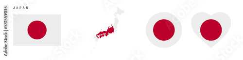 Free Download Japan flag icon set. Japanese pennant in official colors and proportions. Rectangular, map-shaped, circle and heart-shaped. Flat vector illustration isolated on white. - GFXLoad