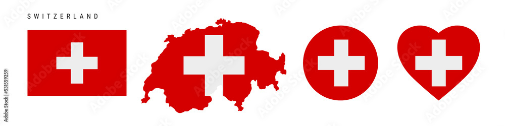 Switzerland flag icon set. Swiss pennant in official colors and proportions. Rectangular, map-shaped, circle and heart-shaped. Flat vector illustration isolated on white. Switzerland flag icon set. Swiss pennant in official colors and proportions. Rectangular, map-shaped, circle and heart-shaped. Flat vector illustration isolated on white.