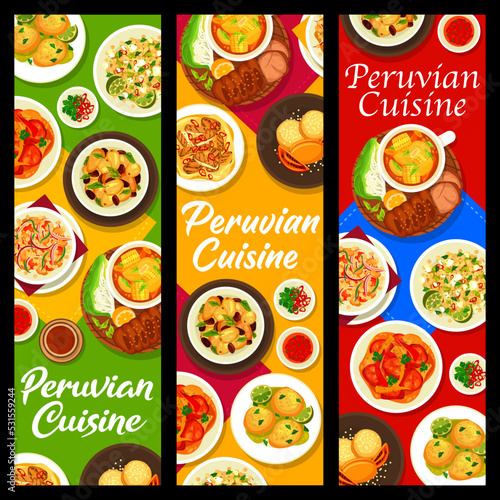Peruvian cuisine restaurant banners. Chicken with sauce Aji de Gallina, potatoes with olives and quinoa feta salad, Sancochado, Causa croquettes and quinoa bean salad, cookie Alfajores, Lomo Saltado