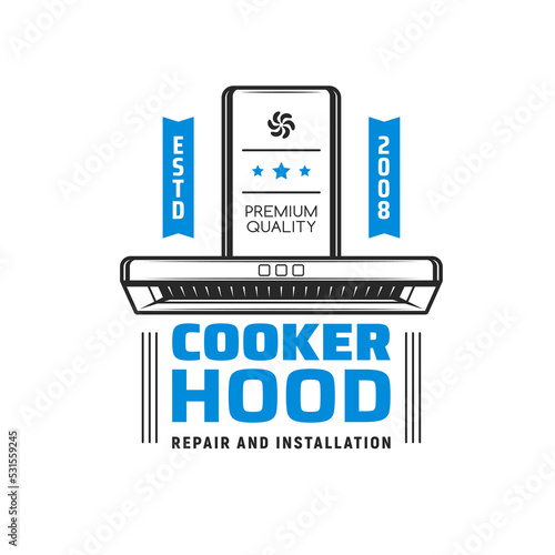Cooker hood icon for kitchen exhausts and stove ranges repair or installation service, vector. Home appliances equipment and restaurant cooking smell extractors or professional air cleaning equipment