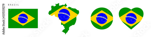 Brazil flag icon set. Brazilian pennant in official colors and proportions. Rectangular, map-shaped, circle and heart-shaped. Flat vector illustration isolated on white.