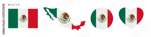 Mexico flag icon set. Mexican pennant in official colors and proportions. Rectangular, map-shaped, circle and heart-shaped. Flat vector illustration isolated on white. photo