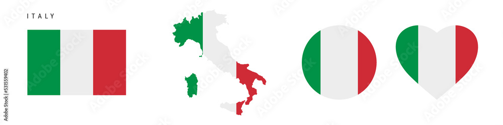 Italy flag icon set. Italian pennant in official colors and proportions. Rectangular, map-shaped, circle and heart-shaped. Flat vector illustration isolated on white.