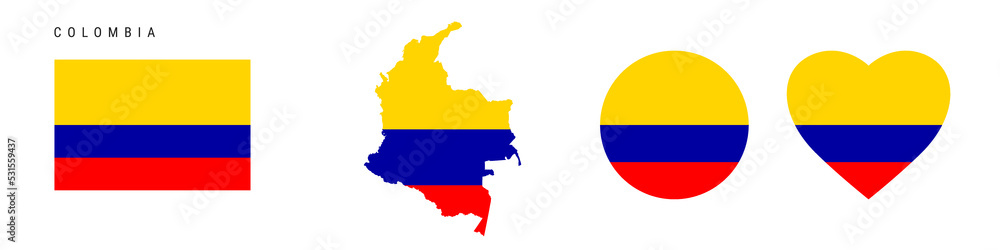 Colombia flag icon set. Colombian pennant in official colors and proportions. Rectangular, map-shaped, circle and heart-shaped. Flat vector illustration isolated on white. Colombia flag icon set. Colombian pennant in official colors and proportions. Rectangular, map-shaped, circle and heart-shaped. Flat vector illustration isolated on white.