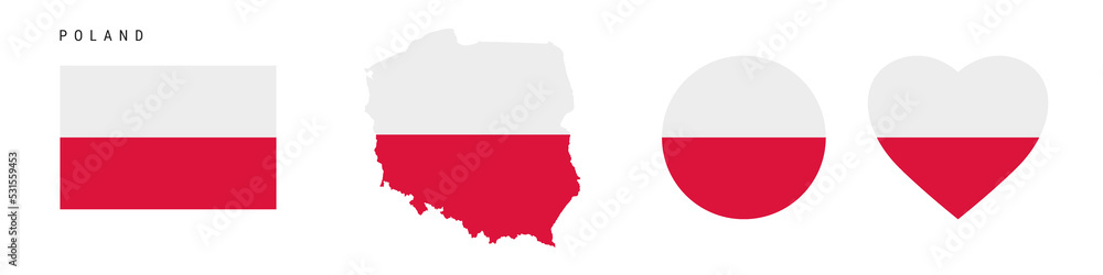 Poland flag icon set. Polish pennant in official colors and proportions. Rectangular, map-shaped, circle and heart-shaped. Flat vector illustration isolated on white. Poland flag icon set. Polish pennant in official colors and proportions. Rectangular, map-shaped, circle and heart-shaped. Flat vector illustration isolated on white.