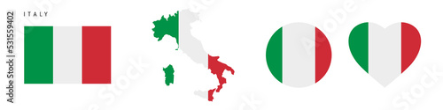 Italy flag icon set. Italian pennant in official colors and proportions. Rectangular, map-shaped, circle and heart-shaped. Flat vector illustration isolated on white.