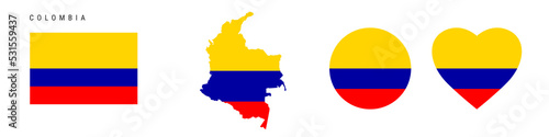 Free Download Colombia flag icon set. Colombian pennant in official colors and proportions. Rectangular, map-shaped, circle and heart-shaped. Flat vector illustration isolated on white. - GFXLoad
