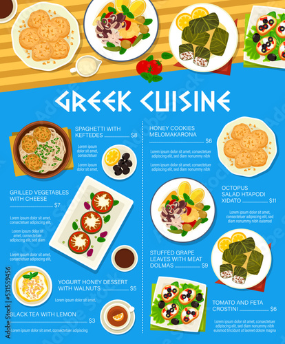 Greek cuisine vector menu. Tomato and feta crostini, yogurt honey dessert with walnuts and black tea with lemon. Honey cookies melomakarona, spaghetti with keftedes or octopus salad htapodi xidato
