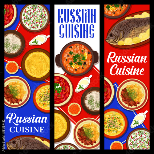 Russian cuisine meals banners, traditional dishes and food of Russia, vector. Russian cuisine restaurant meals for lunch or dinner borscht soup, beef stroganoff with sweet and sour soup solyanka
