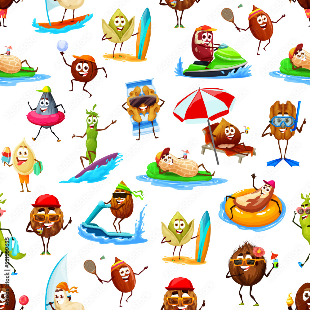 Naklejka premium Cartoon nuts and beans on summer vacation seamless pattern. Textile summer print or vector wallpaper with pistachio, macadamia, coconut and almond, walnut, cashew nuts and seeds cheerful characters