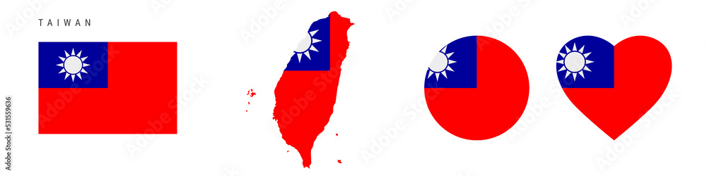 Taiwan flag icon set. Taiwanese pennant in official colors and proportions. Rectangular, map-shaped, circle and heart-shaped. Flat vector illustration isolated on white. Taiwan flag icon set. Taiwanese pennant in official colors and proportions. Rectangular, map-shaped, circle and heart-shaped. Flat vector illustration isolated on white.