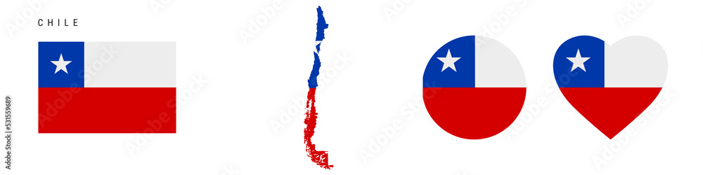 Chile flag icon set. Chilean pennant in official colors and proportions. Rectangular, map-shaped, circle and heart-shaped. Flat vector illustration isolated on white. Chile flag icon set. Chilean pennant in official colors and proportions. Rectangular, map-shaped, circle and heart-shaped. Flat vector illustration isolated on white.