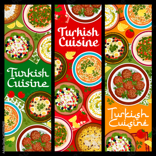 Turkish cuisine restaurant meals banners. Shepherd salad, chicken pilaf and green bean stew, grilled eggplant salad Baba ganoush, Circassian chicken and vermicelli soup, sauce Tarator, bulgur Kofte photo