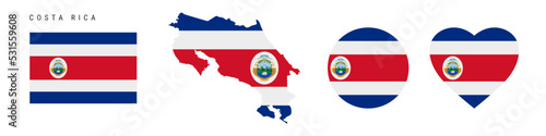 Costa Rica flag icon set. Costa Rican pennant in official colors and proportions. Rectangular, map-shaped, circle and heart-shaped. Flat vector illustration isolated on white.