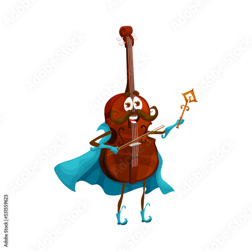 Cartoon cello wizard character, violoncello mage personage. Isolated vector musical string instrument making spell with magic wand. Magician in blue cape, musician wizard