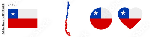 Chile flag icon set. Chilean pennant in official colors and proportions. Rectangular, map-shaped, circle and heart-shaped. Flat vector illustration isolated on white.